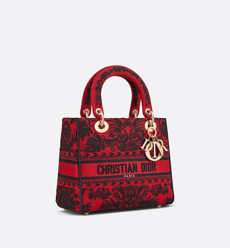 MEDIUM LADY D-LITE BAG Red and Black Ornamental Cornely-Effect Embroidery