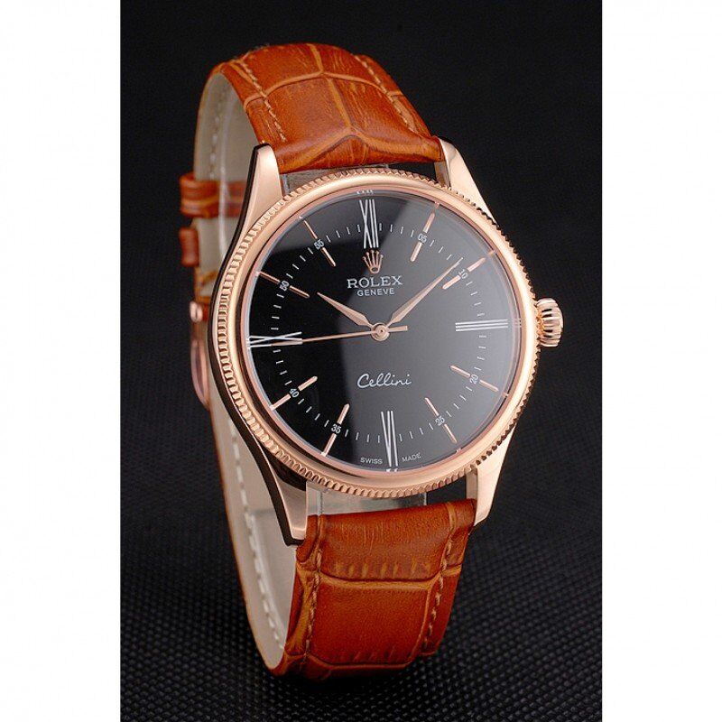 Swiss Rolex Cellini Black Dial Roman Numerals Rose Gold Case Light Brown Leather Strap