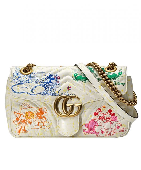 Gucci GG Marmont Disney x Colorful Mickey & Minnie Mouse Printing Brass Logo Buckle 2022 Female New Chain Flap Handbag Cream