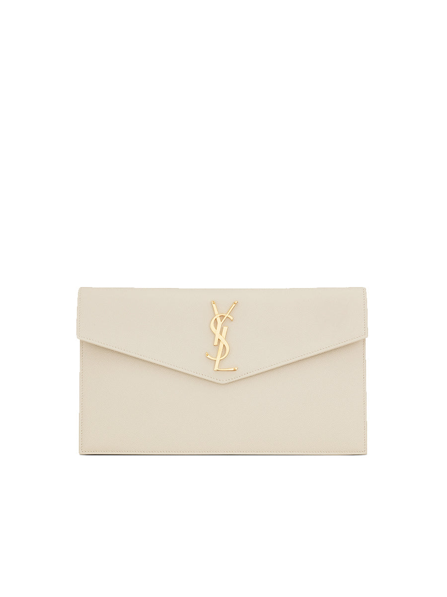 YSL Uptown Pouch Grain De Poudre Embossed Leather in Blanc Vintage