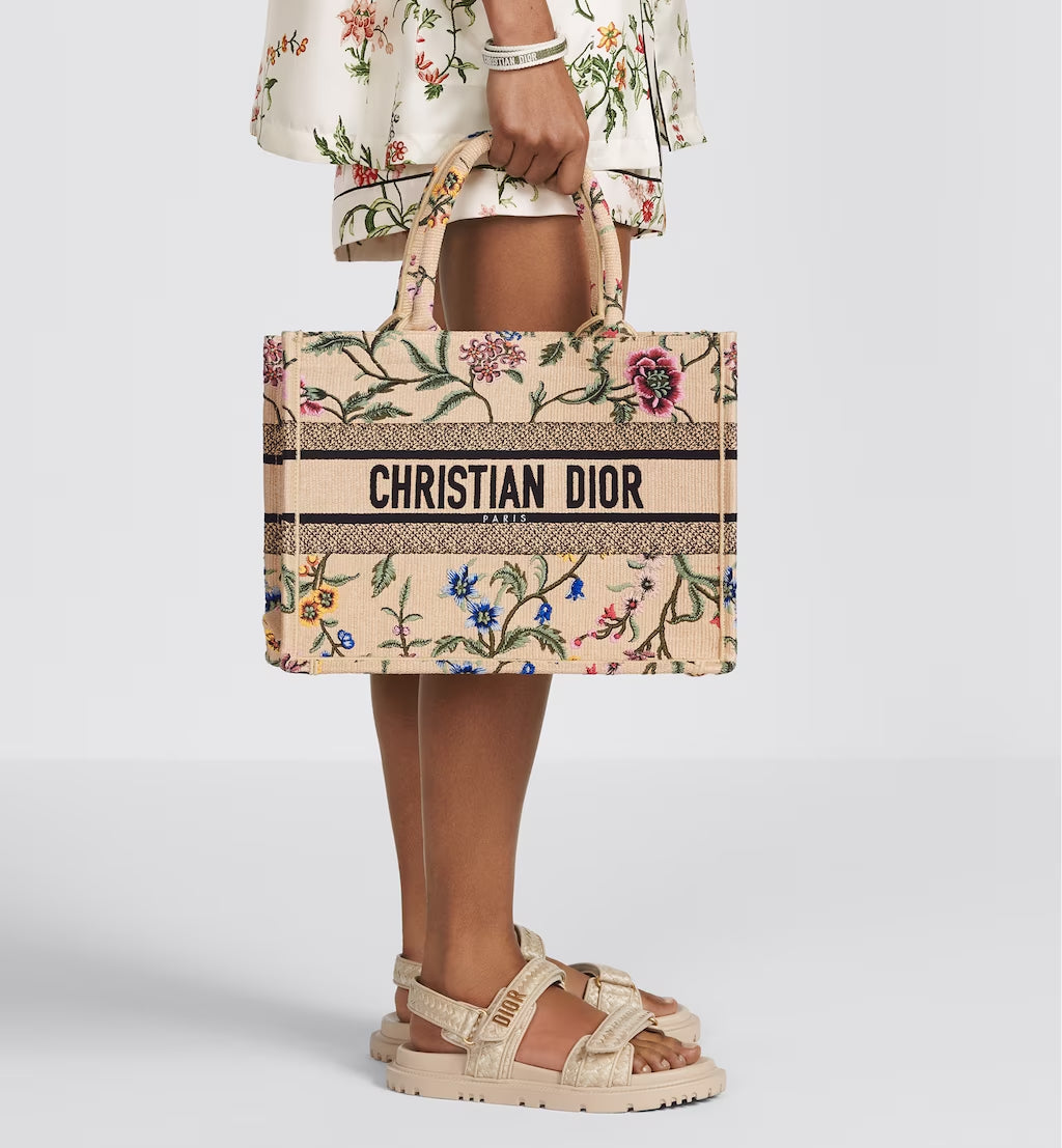 MEDIUM DIOR BOOK TOTE Natural Multicolor Raffia Embroidered with Dior Petites Fleurs (36 x 27.5 x 16.5 cm)
