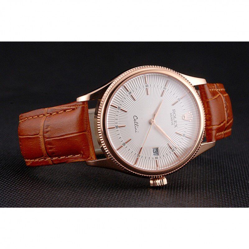 Swiss Rolex Cellini Date White Dial Rose Gold Case Brown Leather Strap