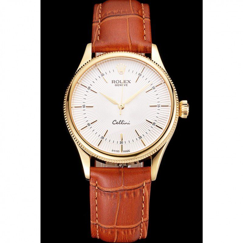 Swiss Rolex Cellini White Guilloche Dial Gold Case Light Brown Leather Strap