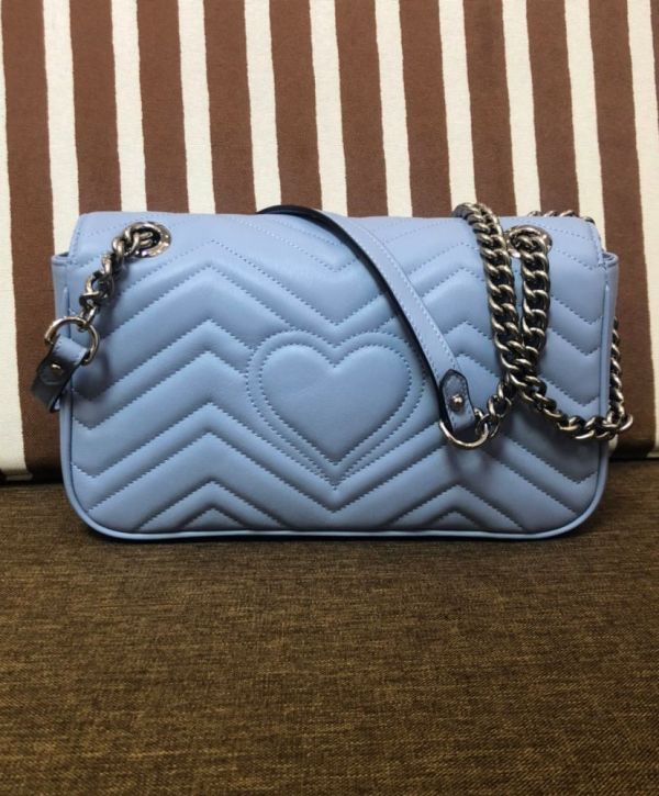 Gucci GG Marmont Silver GG Logo Buckle Chain Shoulder Strap Small Light Blue Quilted Leather Shoulder Bag For Ladies USA
