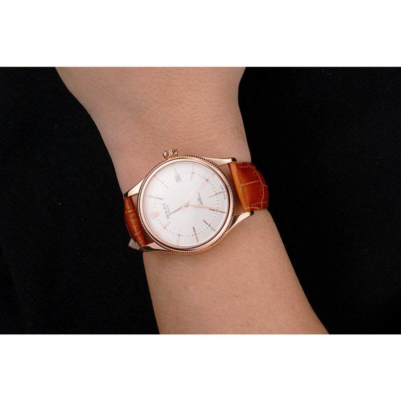 Swiss Rolex Cellini Date White Dial Rose Gold Case Brown Leather Strap
