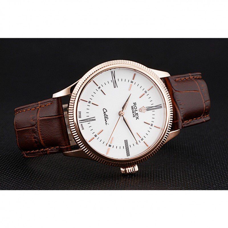Swiss Rolex Cellini Time Gold Case White Dial Brown Leather Bracelet 622655