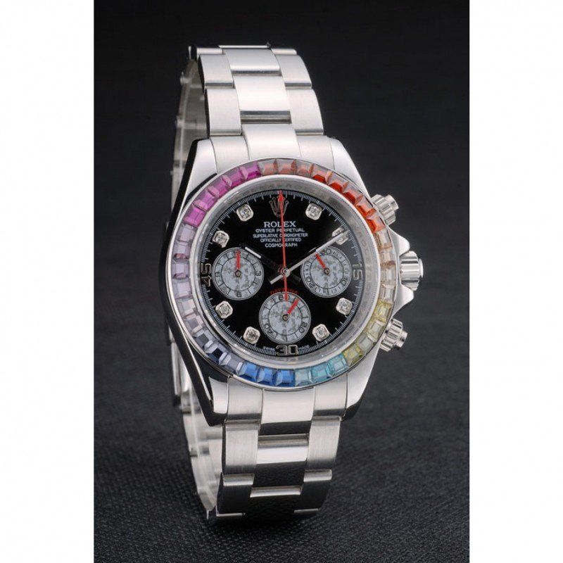 Rolex Daytona Cosmograph Rainbow Crystals Bezel Stainless Steep Strap Black Dial 80250 FREE SHIPPING