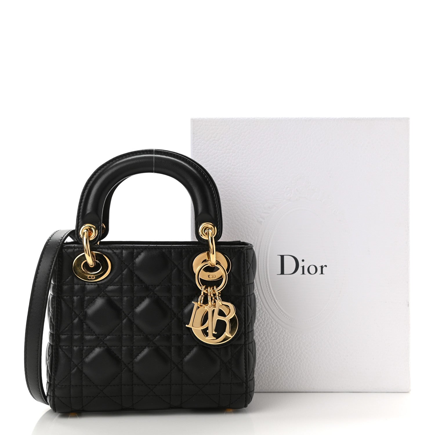 CHRISTIAN DIOR Lambskin Cannage Mini Lady Dior Black