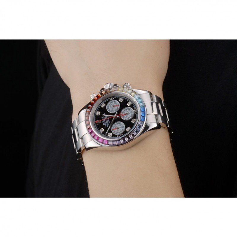 Rolex Daytona Cosmograph Rainbow Crystals Bezel Stainless Steep Strap Black Dial 80250 FREE SHIPPING