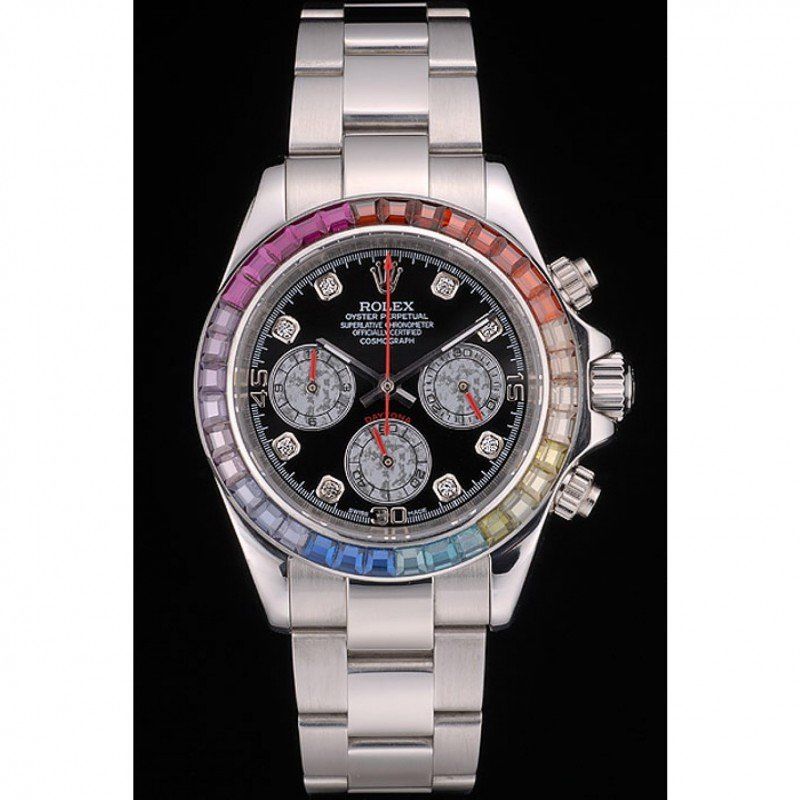 Rolex Daytona Cosmograph Rainbow Crystals Bezel Stainless Steep Strap Black Dial 80250 FREE SHIPPING