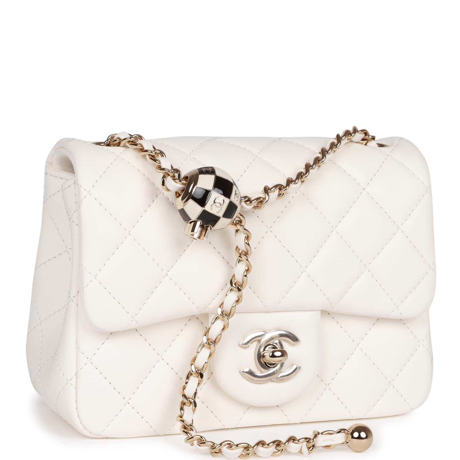 Pearl Crush Mini Square Flap Bag White Lambskin Light Gold Hardware