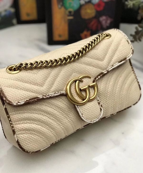 Gucci GG Marmont Raffia Snakeskin Trimming Brass Logo Spring Closure Link Shoulder Strap Women Shoulder Bag Beige