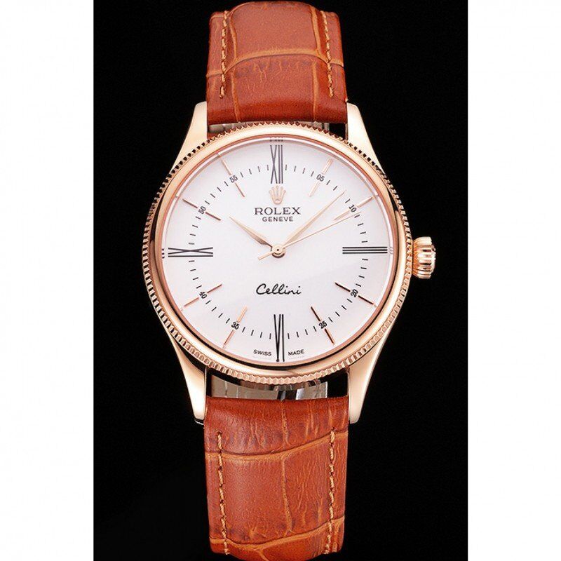 Swiss Rolex Cellini White Dial Roman Numerals Rose Gold Case Light Brown Leather Strap