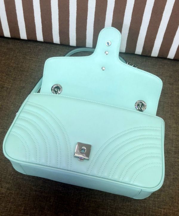 Gucci GG Marmont Small Tiffany Green Quilted Leather Silver GG Logo Buckle Female Flap Chain Shoulder Bag 2022 Price