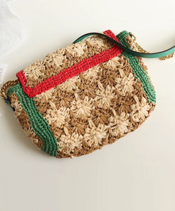 Gucci GG Marmont Red & Green Web Trimming Golden GG Logo Decoration Female Viscose Raffia Braided Flower Motif Chain Bag