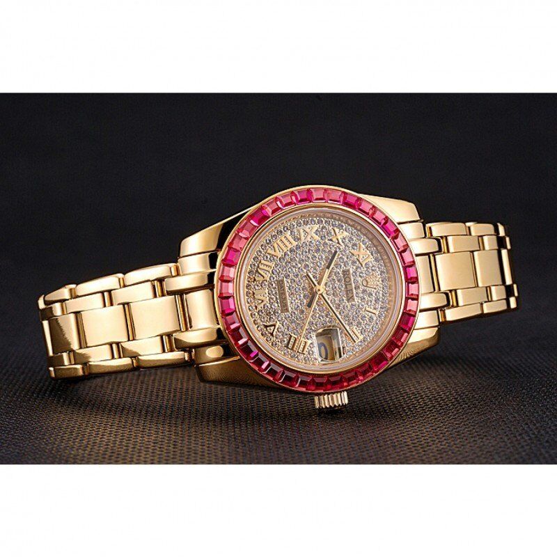 Rolex Datejust Diamond Dial Pink Jewels Bezel Gold Case And Bracelet 622835