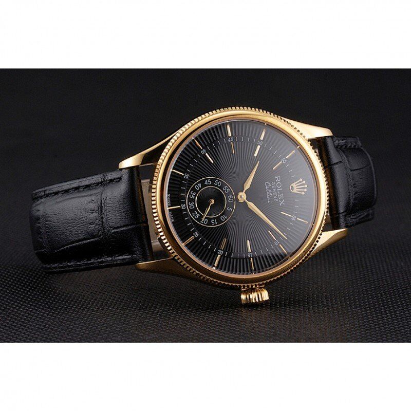 Swiss Rolex Cellini Black Dial Gold Case Black Leather Strap