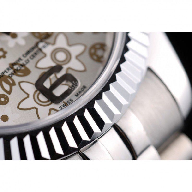 Swiss Rolex DateJust Stainless Steel Ribbed Bezel Flower Silver Dial 42001
