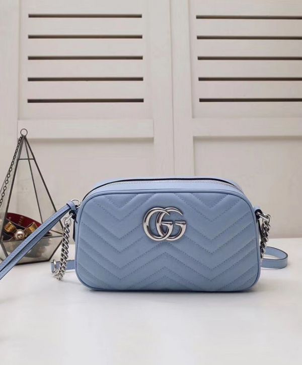 Gucci GG Marmont Small Light Blue Chevron Quilted Leather Silver Logo Signature Women Fashion Chain Crossbody Bag