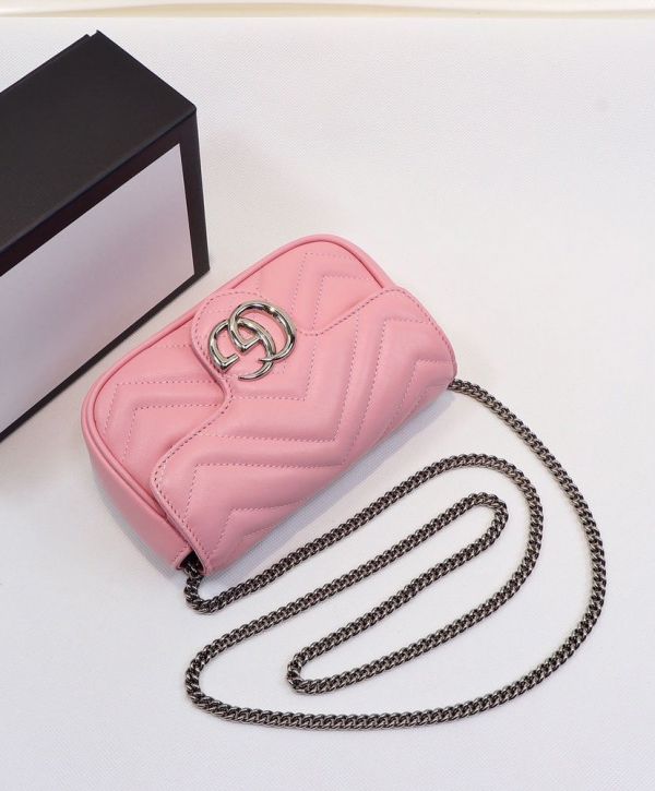Gucci GG Marmont Waved Design Silver GG Buckle Women Latest Pink Quilted Super Mini Flap Handbag For Sale