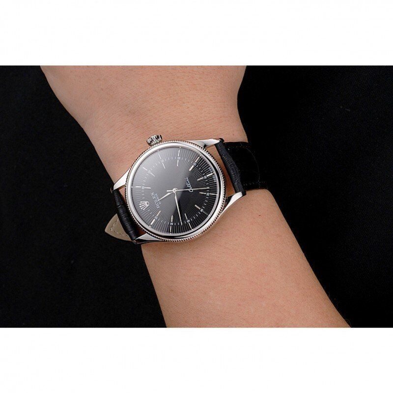 Swiss Rolex Cellini Black Dial Steel Case Black Leather Strap