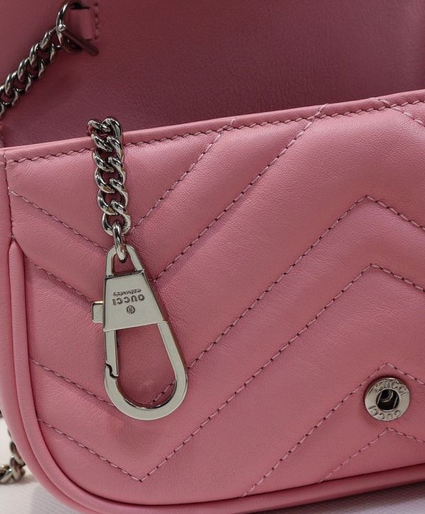Gucci GG Marmont Waved Design Silver GG Buckle Women Latest Pink Quilted Super Mini Flap Handbag For Sale