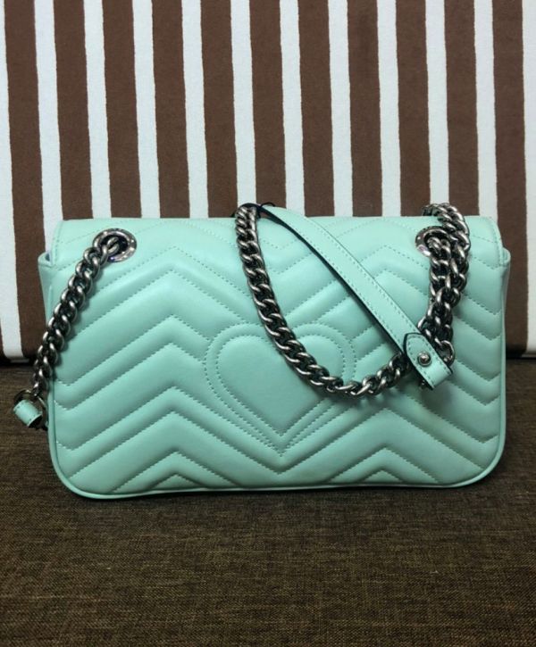 Gucci GG Marmont Small Tiffany Green Quilted Leather Silver GG Logo Buckle Female Flap Chain Shoulder Bag 2022 Price