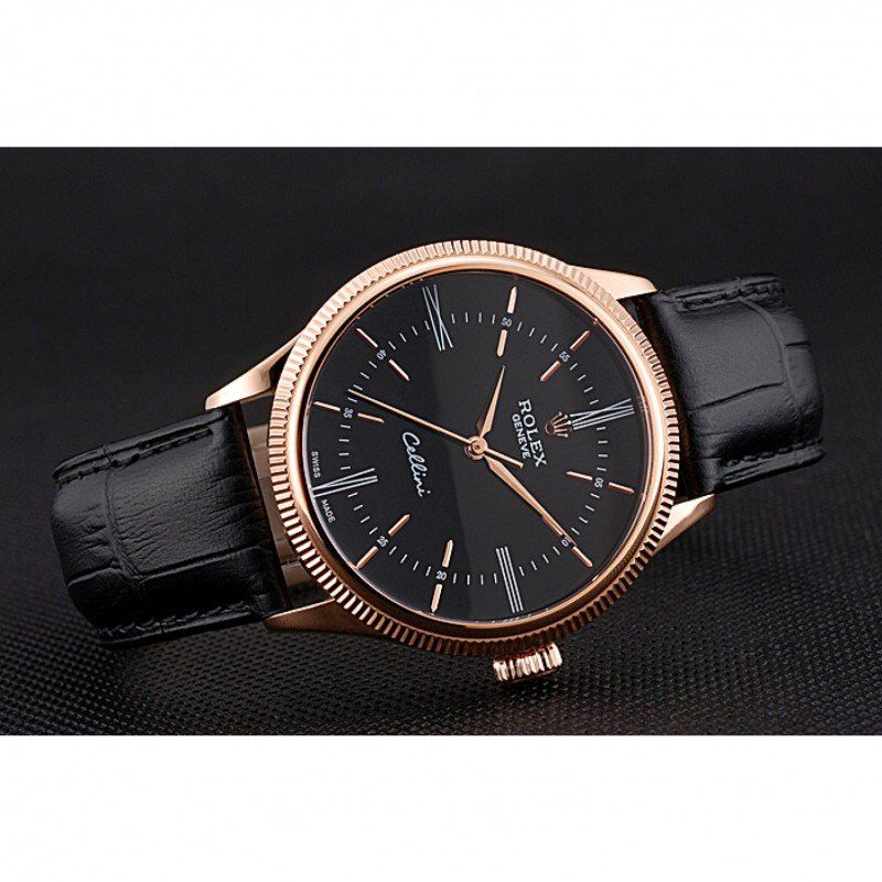 Swiss Rolex Cellini Time Rose Gold Case Black Dial Black Leather Bracelet 622656