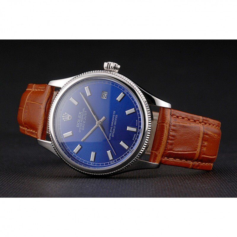 Rolex Datejust Blue Dial Stainless Steel Case Light Brown Leather Strap