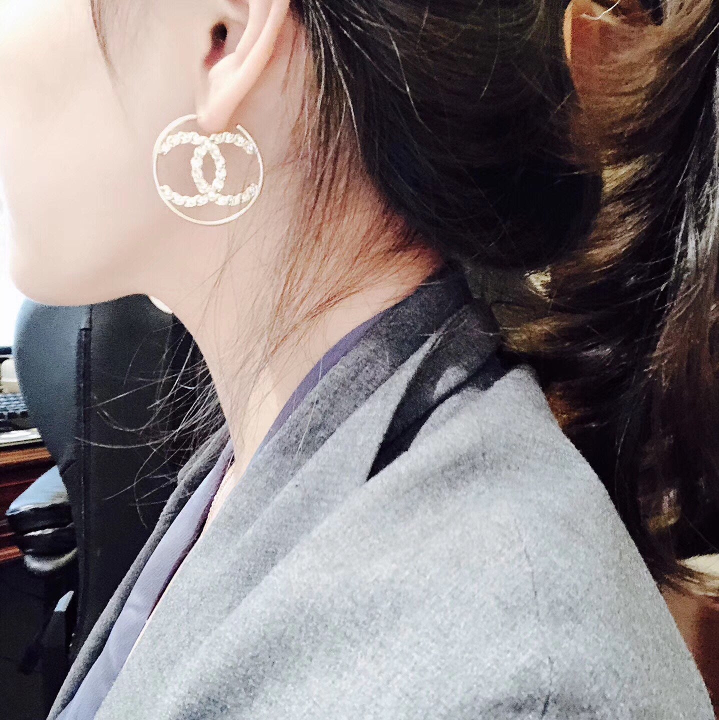 Large Circle Rhinestone Pierced Earrings