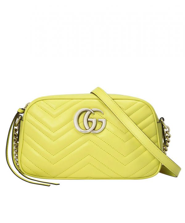 Gucci GG Marmont Chevron Design Silver GG Logo Signature Lemon Yellow Quilted Leather Small Chain Shoulder Bag Ladies New
