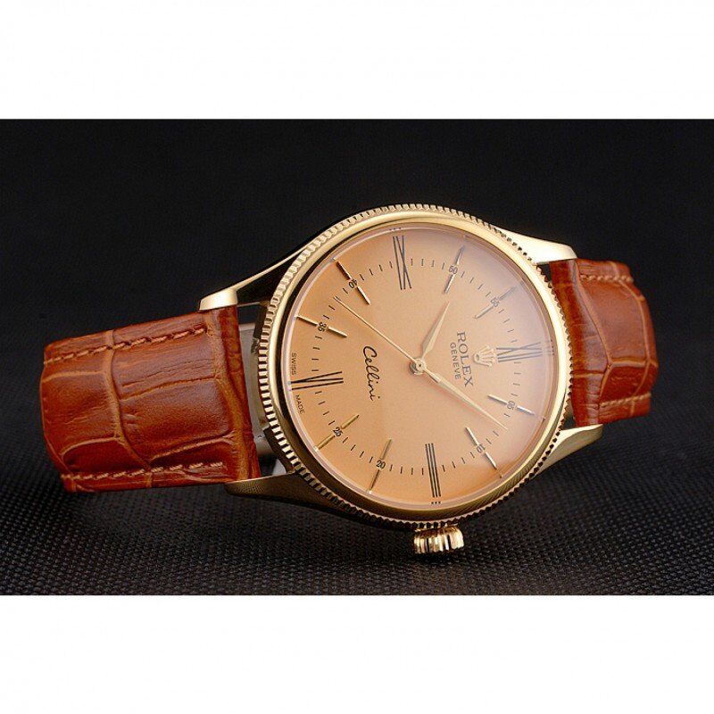 Swiss Rolex Cellini Gold Dial Roman Numerals Gold Case Light Brown Leather Strap