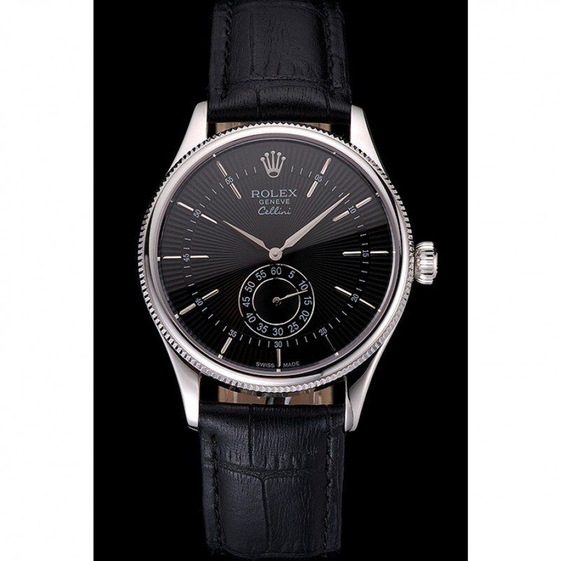 Swiss Rolex Cellini Black Dial Stainless Steel Case Black Leather Strap