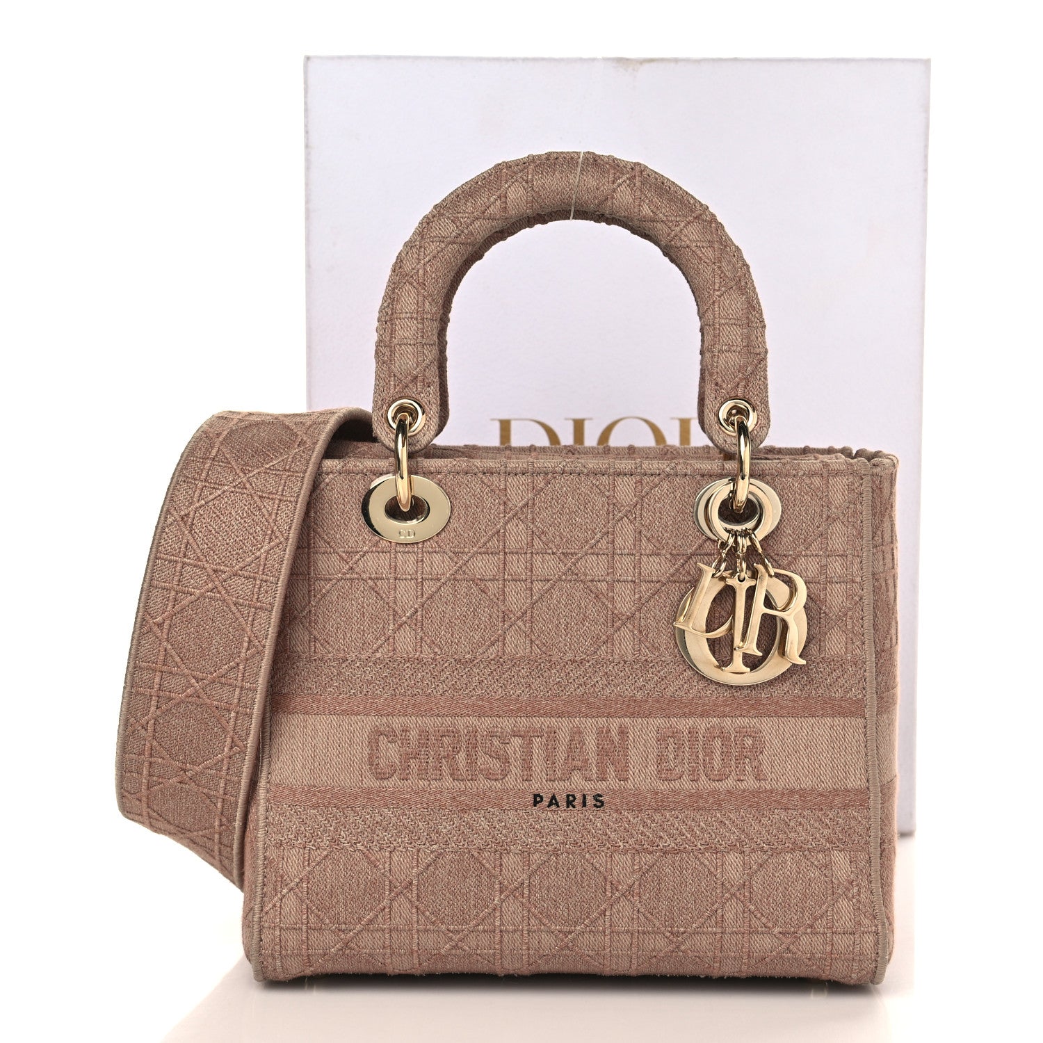 CHRISTIAN DIOR Canvas Embroidered Cannage Medium Lady D-Lite Pink