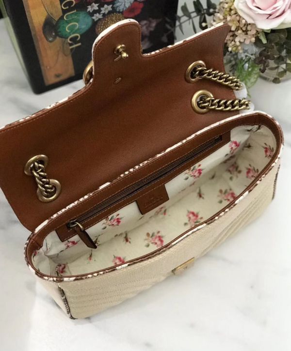 Gucci GG Marmont Raffia Snakeskin Trimming Brass Logo Spring Closure Link Shoulder Strap Women Shoulder Bag Beige
