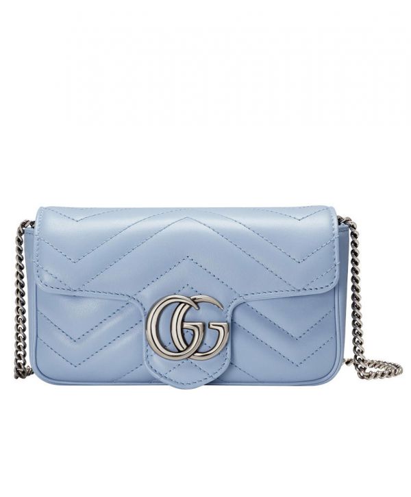 Gucci GG Marmont Silver Logo Magnetic Buckle Light Blue Super Mini Chain Bag Women Fashion Chevron Design Crossbody Bag