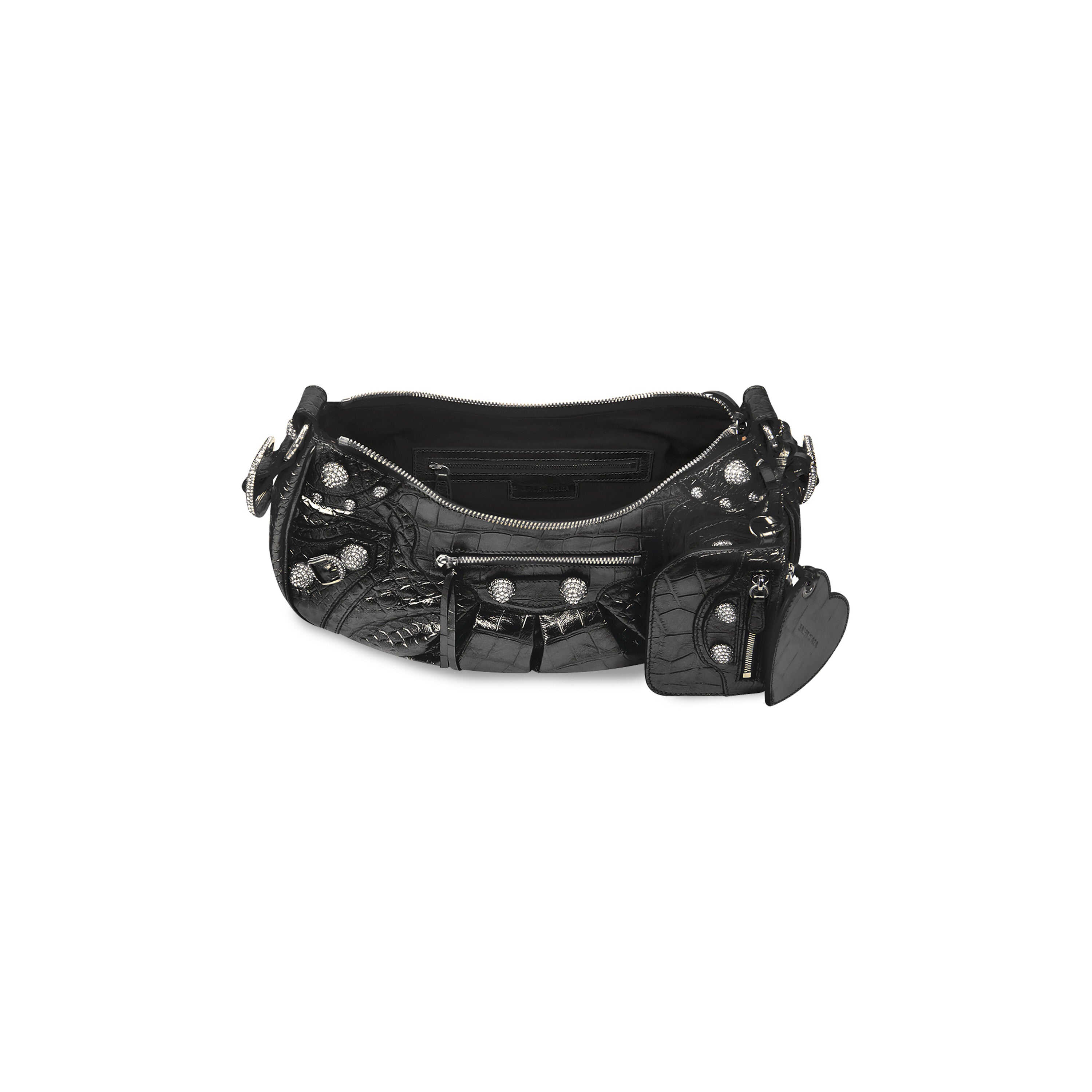 WOMEN'S LE CAGOLE SMALL SHOULDER BAG METALLIZED CROCODILE EMBOSSED WITH RHINESTONES IN GREY