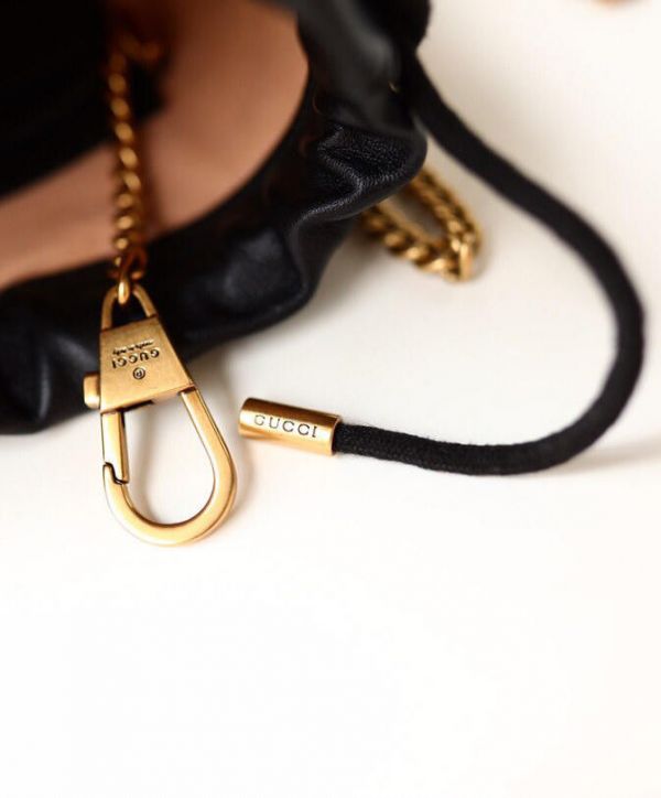 Gucci GG Marmont Wave Design Drawstring Closure Brass Chain Strap Black Matelassel Leather Mini Buckle Bag For Ladies 575163