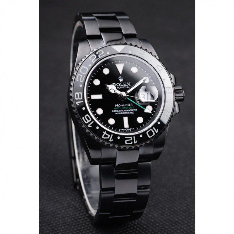 Swiss Rolex GMT Master II Pro-Hunter Black Steel Strap Black Dial