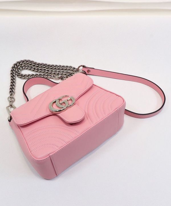 Gucci GG Marmont Silver Chain Shoulder Strap GG Logo Flap Female Pink Quilted Leather Single Top Handle Bag 2022 Price