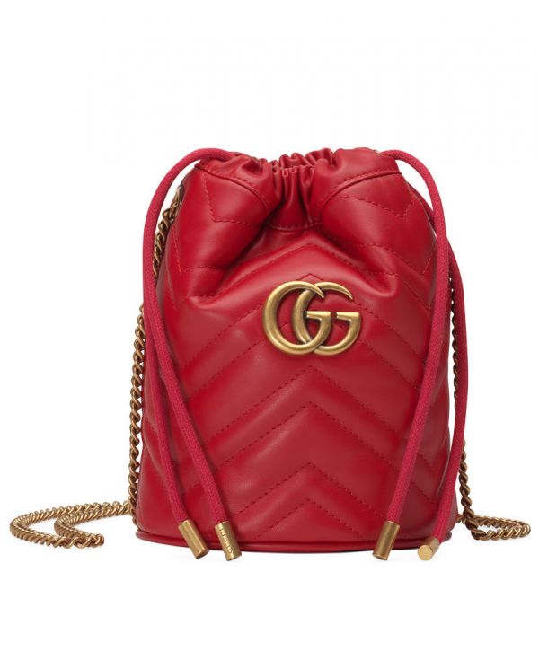 Gucci GG Marmont Double G Decoration Back Heart Detail Brass Strap Women Red Matelasse Chevron Leather Mini Buckle Bag