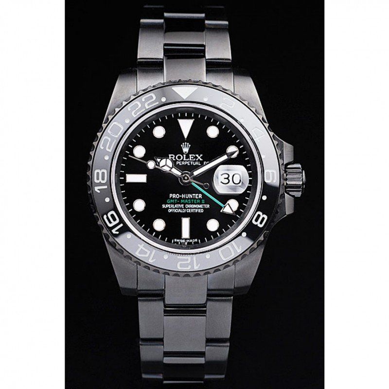 Swiss Rolex GMT Master II Pro-Hunter Black Steel Strap Black Dial