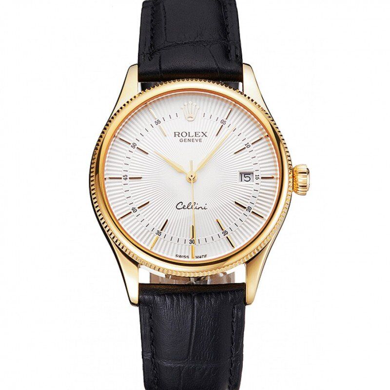 Swiss Rolex Cellini Date White Dial Gold Case Black Leather Strap