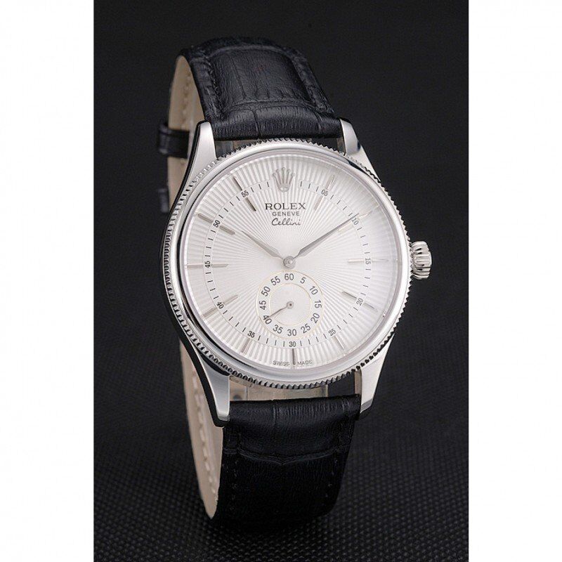 Swiss Rolex Cellini White Dial Stainless Steel Case Black Leather Strap