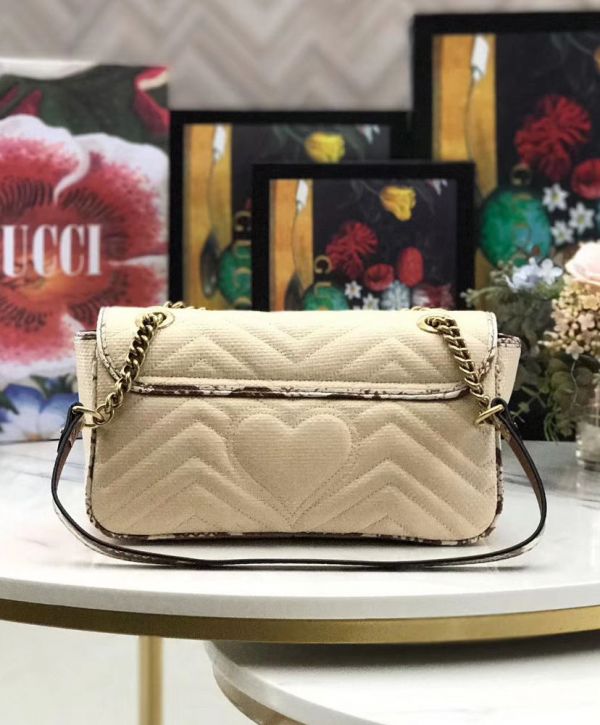 Gucci GG Marmont Raffia Snakeskin Trimming Brass Logo Spring Closure Link Shoulder Strap Women Shoulder Bag Beige