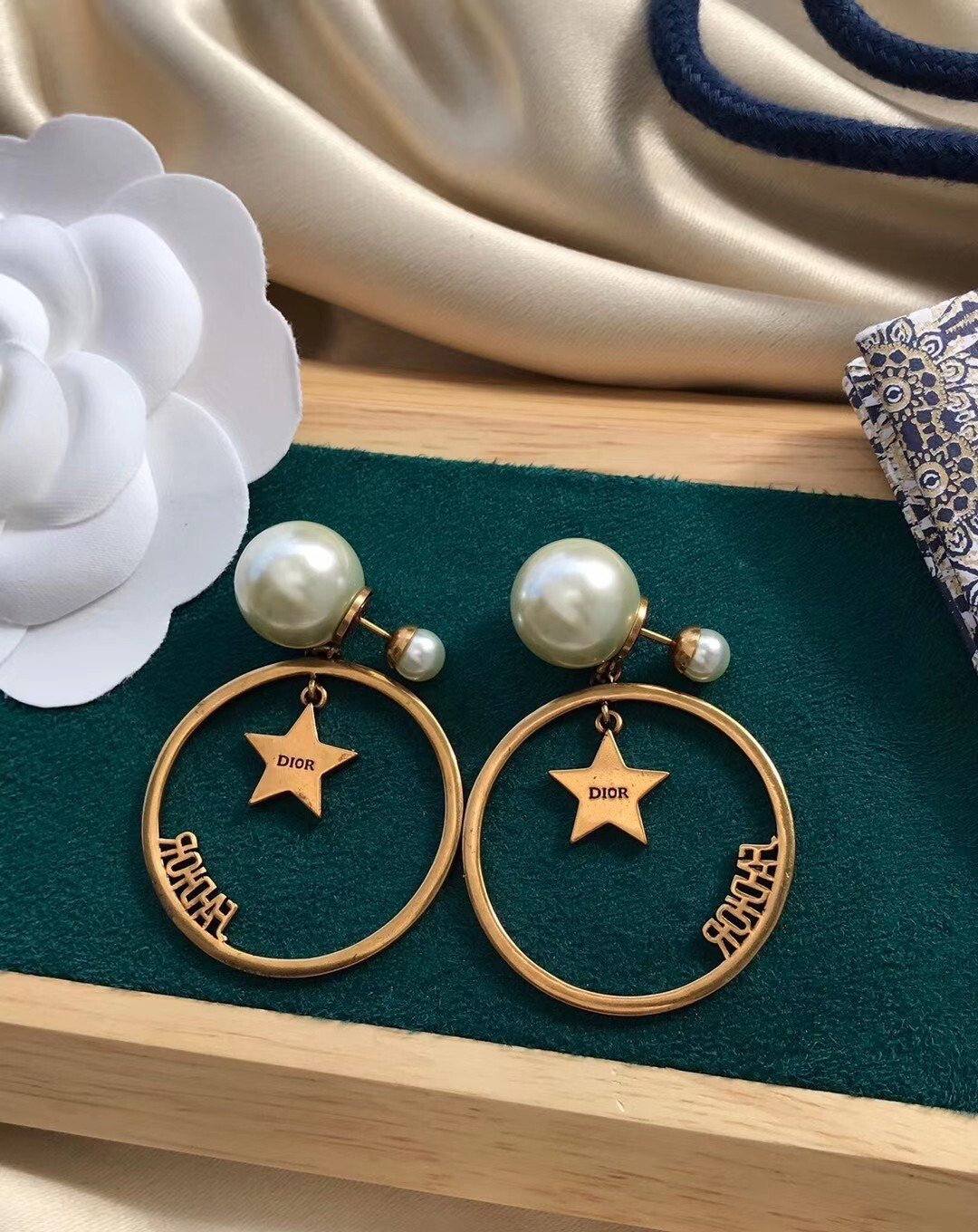 Vintage Pearl Big Circle Star Pendant Earrings
