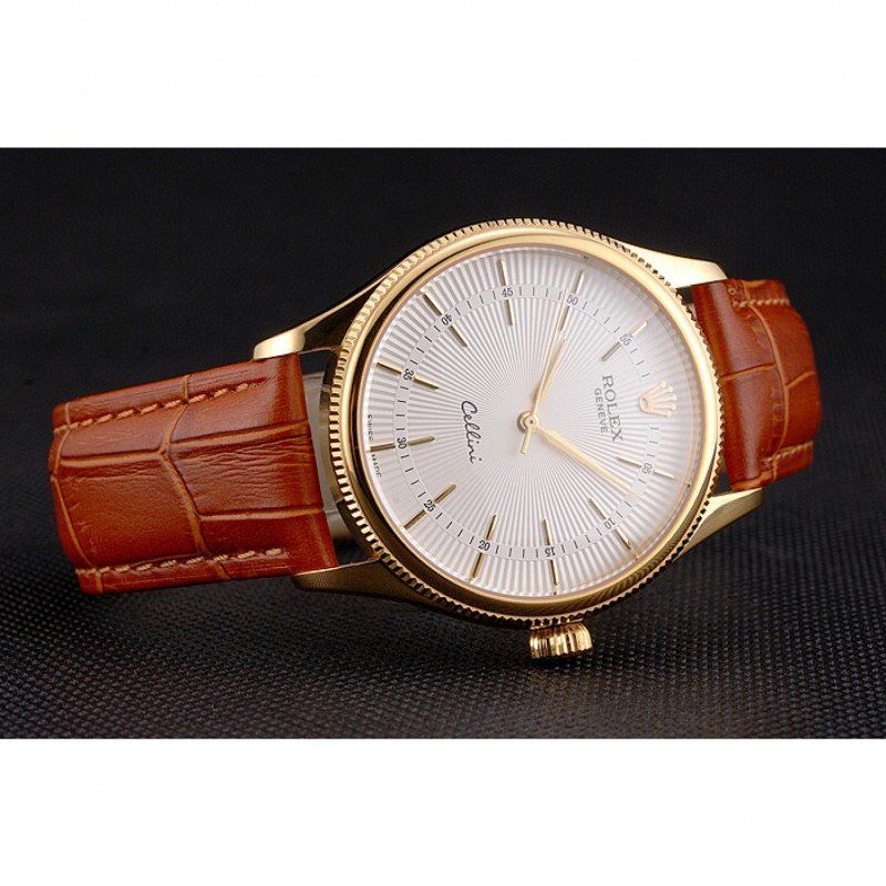 Swiss Rolex Cellini White Guilloche Dial Gold Case Light Brown Leather Strap