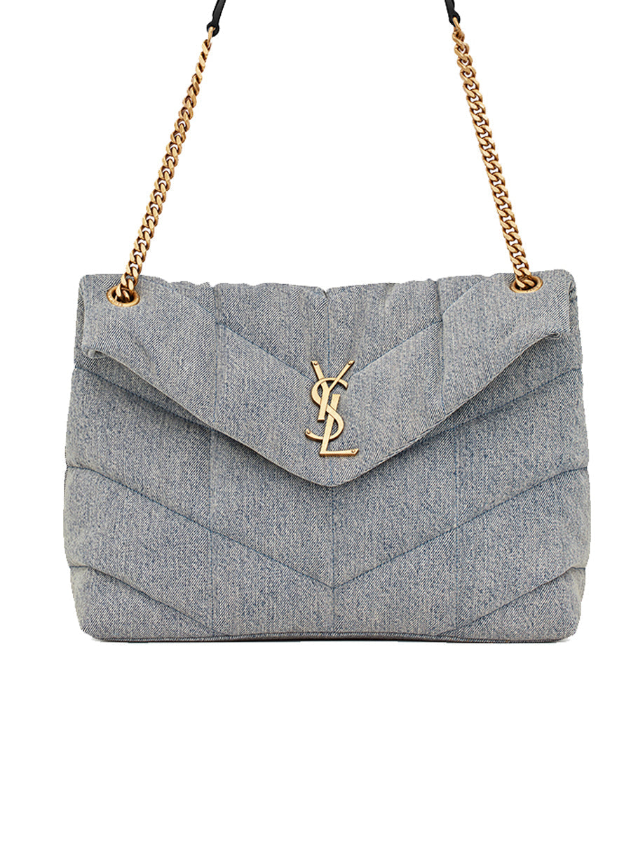 YSL Puffer Medium Chain Bag in Denim and Smooth Leather
