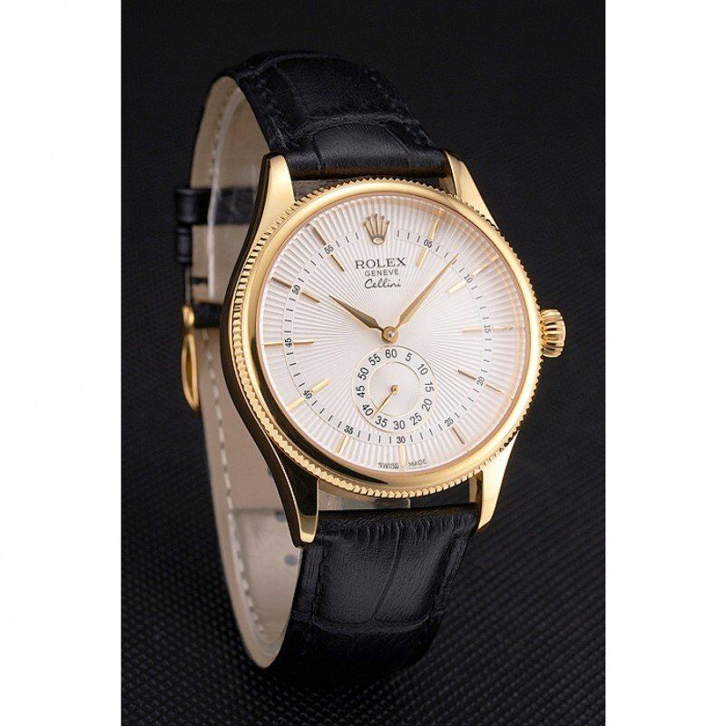 Swiss Rolex Cellini White Dial Gold Case Black Leather Strap