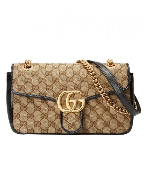 Gucci GG Marmont Logo Pattern Double G Magnetic Buckle Apricot Canvas & Black Leather Female Shiny Golden Chain Handbag 443497 HVKEG 9772